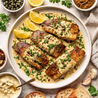 Seared King Fish and Mustard Cream and Caper Sauce