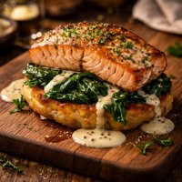 Seared Salmon on Potato Cake Wilted Spinach W Dijon Sauce