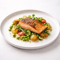 Seared Salmon with Crispy Potatoes Peas Summer Vegetable Gratin