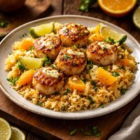 Seared Scallops Orange Rice and Citrus Key Lime Sauce