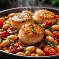 Seared Scallops with White Beans and Bacon