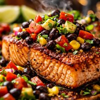 Seared Spiced Salmon Steaks with Black Bean Salsa