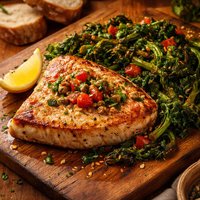 Seared Swordfish with Stewed Sicilian Style Broccoli Rabe