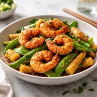 Sesame Glazed Shrimp with Snow Peas and Baby Corn