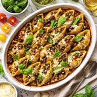 Shells Baked with Pesto Meat Sauce