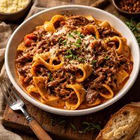 Shredded Beef Pappardelle in Creamy Tomato Marinara