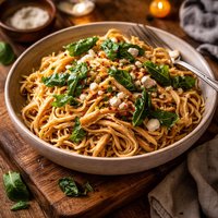 Shredded Chicken Pasta with Fried Basil and Feta