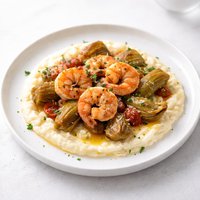 Shrimp and Artichokes Over Parmesan Grits