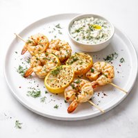 Shrimp and Lemon Skewers with Feta Dill Sauce