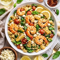 Shrimp Artichoke and Feta Pasta
