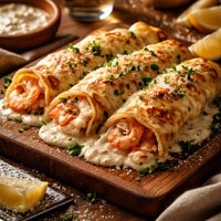 Shrimp Crab Crepes in Wine Cheese Sauce