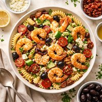 Shrimp Pasta Salad with Feta Sun Dried Tomatoes and Olives