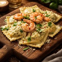 Shrimp Ravioli with Basil Cream Sauce