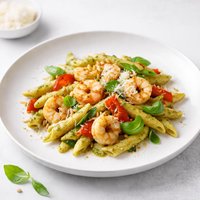 Shrimp Roasted Pepper Penne with Pesto Cream