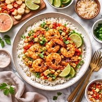 Shrimp with Banana Guava Salsa Over Coconut Rice
