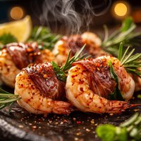 Shrimp Wrapped in Prosciutto and Basil on Rosemary Skewers