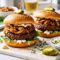 Sirloin Burgers with Blue Cheese Mayo and Sherry Vidalia Onions