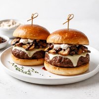 Sirloin Burgers with Mushrooms Swiss and Balsamic Mayo
