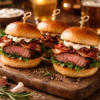 Sirloin Sliders with Crispy Bacon and Creamy Horseradish Mayo