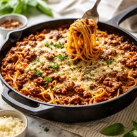 Skillet Baked Spaghetti with Meat Sauce
