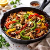 Skillet Onions Tri Colored Peppers Mushrooms Garlic