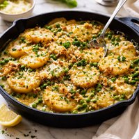Skillet Potatoes and Peas Au Gratin