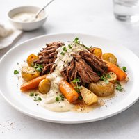 Slow Cooked Beef Roast and Vegetables with Horseradish Gravy