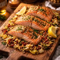 Slow Roasted Salmon with Cabbage Bacon Dill