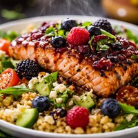 Smashed Berry Infused Salmon Salad Over Garlic Roasted Couscous