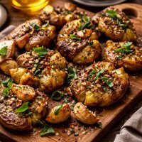 Smashed Fingerling Potatoes with Roast Garlic Basil Oil