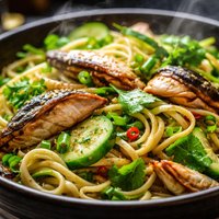 Smoked Mackerel Noodles with Cucumber and Herbs