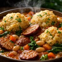 Smoky Sausage White Bean Stew with Cornmeal Dumplings