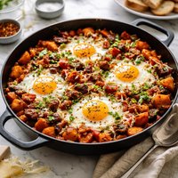 Smoky Sweet Potato Hash with Baked Eggs and Manchego