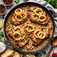 Smothered Pork Chops with Fried Onion Rings
