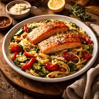 Sockeye Popeye Pasta with Roasted Vegetables