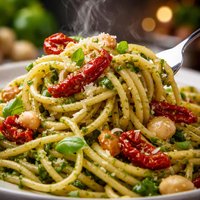 Spaghetti with Macadamia Pesto and Semi Dried Tomatoes