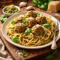 Spaghetti with Pesto Chicken Meatballs