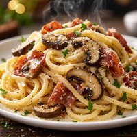 Spaghetti with Portabellas Prosciutto and Cream