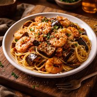 Spaghetti with Shrimp and Eggplant Aubergine