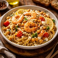 Spaghetti with Shrimp Chickpeas and Feta