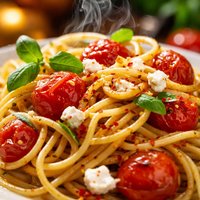Spaghetti with Tomatoes Garlic and Feta Cheese