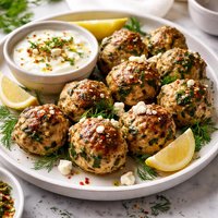 Spanakopita Meatballs with Greek Yogurt Sauce