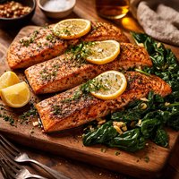 Spice Rubbed Roasted Salmon with Lemon Garlic Spinach
