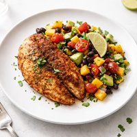 Spice Rubbed Tilapia with Tomatillo Black Bean and Mango Salad