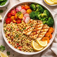 Spiced Couscous with Grilled Halloumi and Steamed Veggies