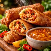 Spicy Chicken Egg Rolls with Honey Apricot Dipping Sauce