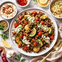 Spicy Lamb with Zucchini and Spicy Yogurt Sauce