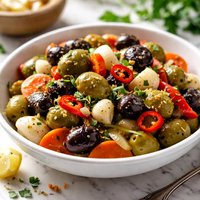 Spicy Marinated Olives with Pickled Vegetables and Garlic