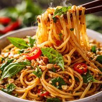 Spicy Sesame Noodles with Chopped Peanuts Thai Basil