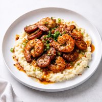 Spicy Shrimp and Andouille Sausage Over Grits